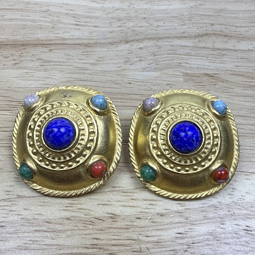 Vintage Stone Cabochon Chunky Gold Toned Clip On Earrings 1.25” Retro Colorful